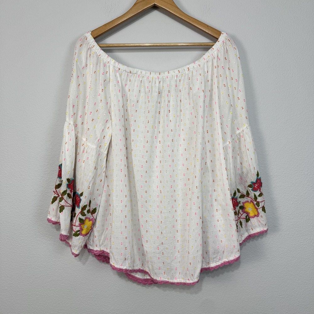 Ivy Jane‎ Shirt Womens XL White Embroidered Boho Peasant Bell Sleeve Flowy Top